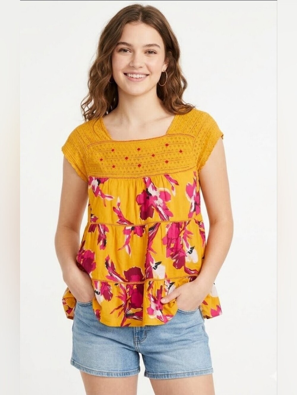 Lane Bryant Floral Crochet Yoke Peasant Top